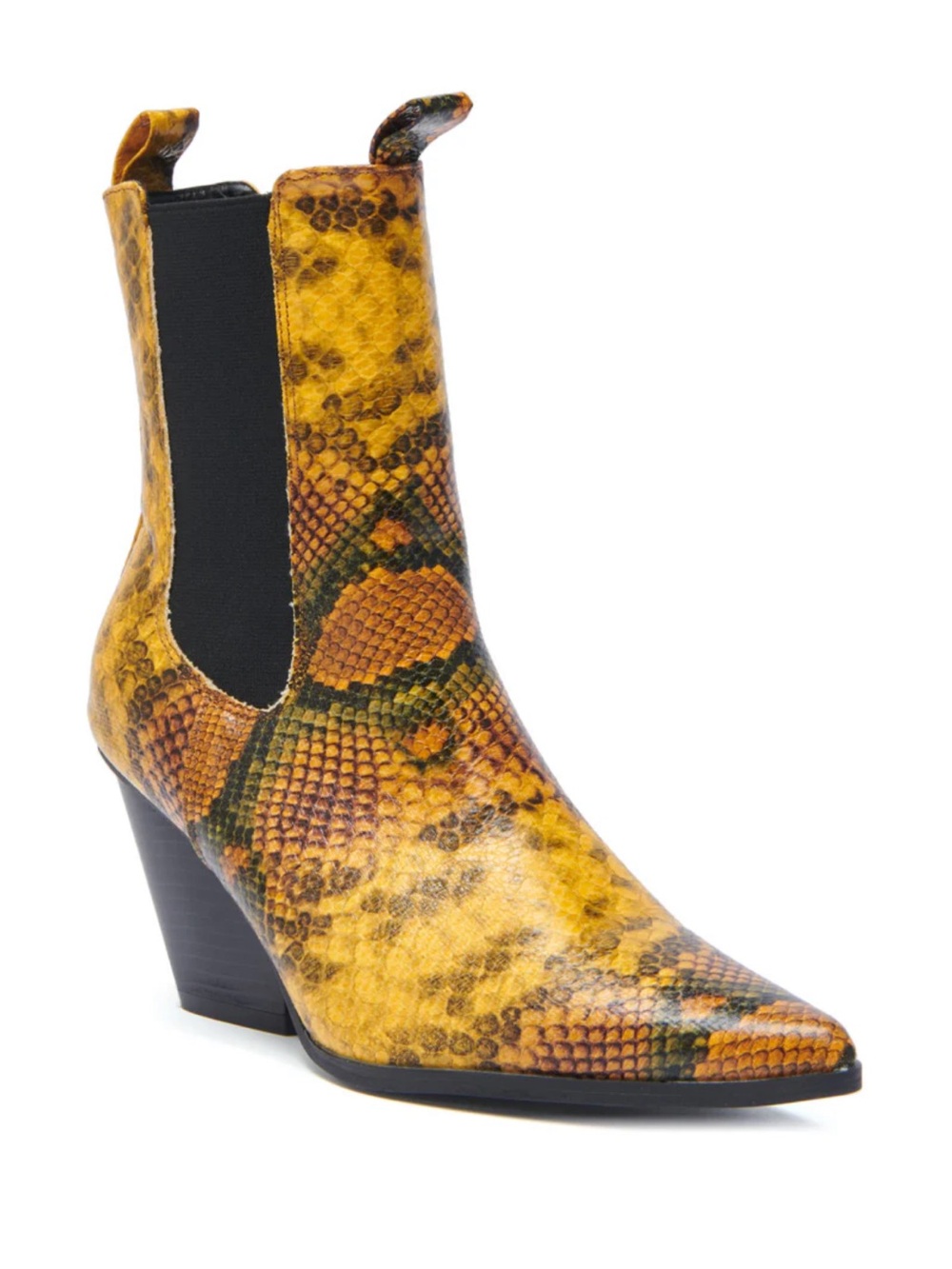 Yellow Snake-Print Chelsea Ankle Boot with Pointed Toe